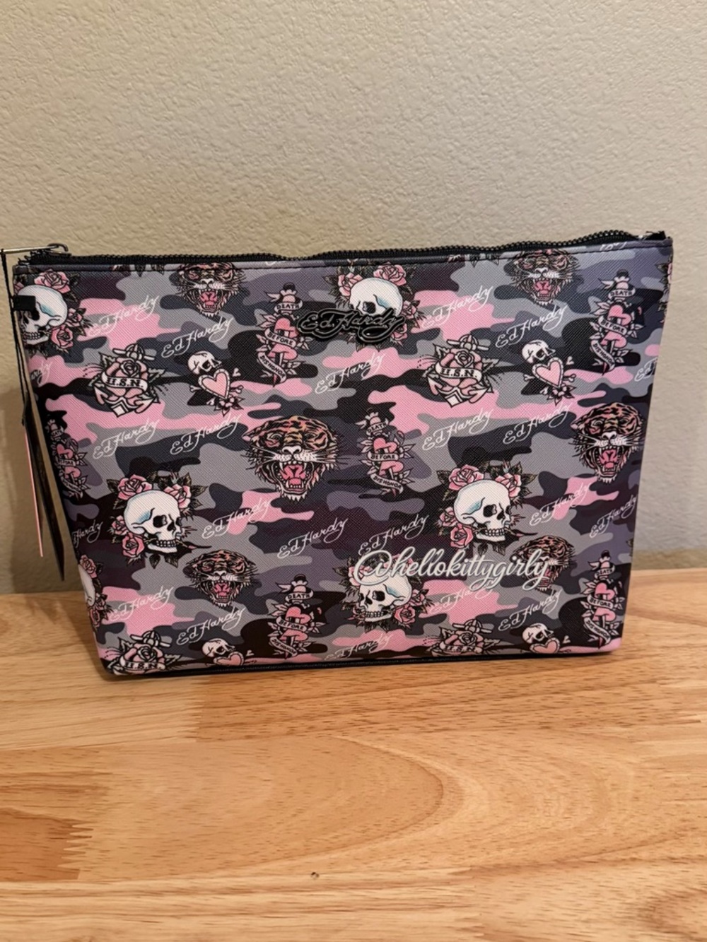 Ed Hardy Pink and Gray Camo Zip Cosmetic Clutch